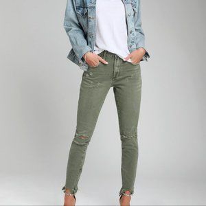 Zara High Waisted Skinny Rip Jeans Forest Green
